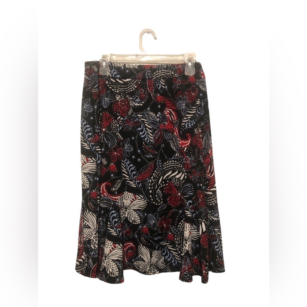 Women's Notations Black Floral Midi Skirt with Red and White Accents Size L